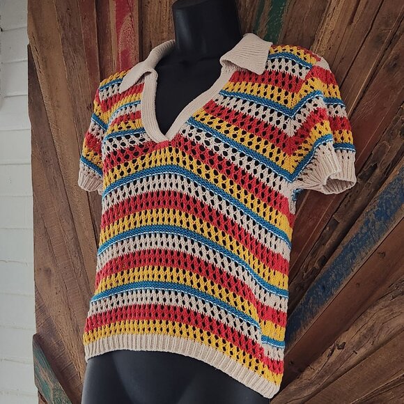 Mother multi striped knitted/chrochet  open stitch cotton polo blouse/sweater XS - Picture 4 of 9